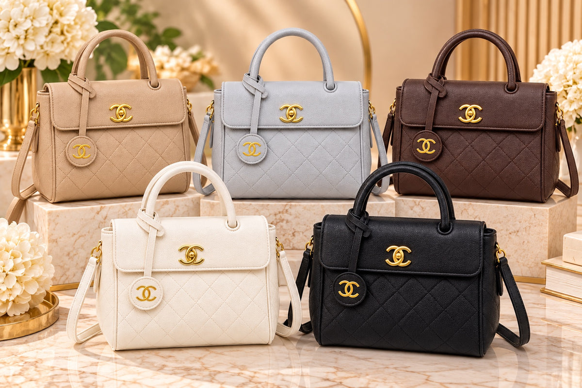 Quilted top handle fashion bag color reference; White, Khaki, and Coffee available; Gray and Black unavailable