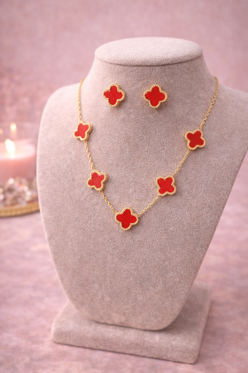 Red Clover Jewelry Set – Gold Stainless Steel Necklace & Earrings, Adjustable Statement Set