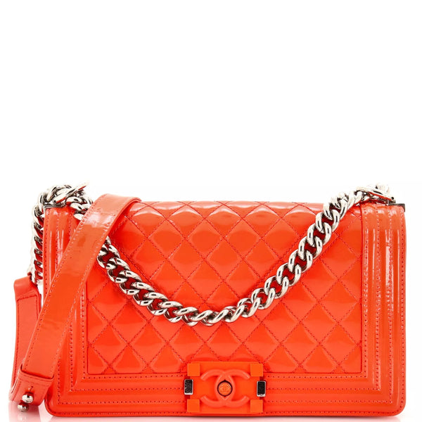 Chanel Patent Calfskin Quilted Medium Plexiglass Boy Flap Orange - Clairely Amazing