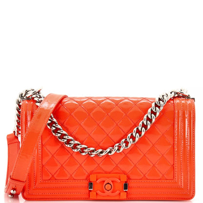 Chanel Patent Calfskin Quilted Medium Plexiglass Boy Flap Orange - Clairely Amazing