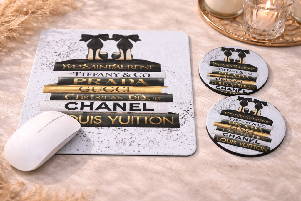 Shoe and Books Mouse Pad and Car Coasters Set