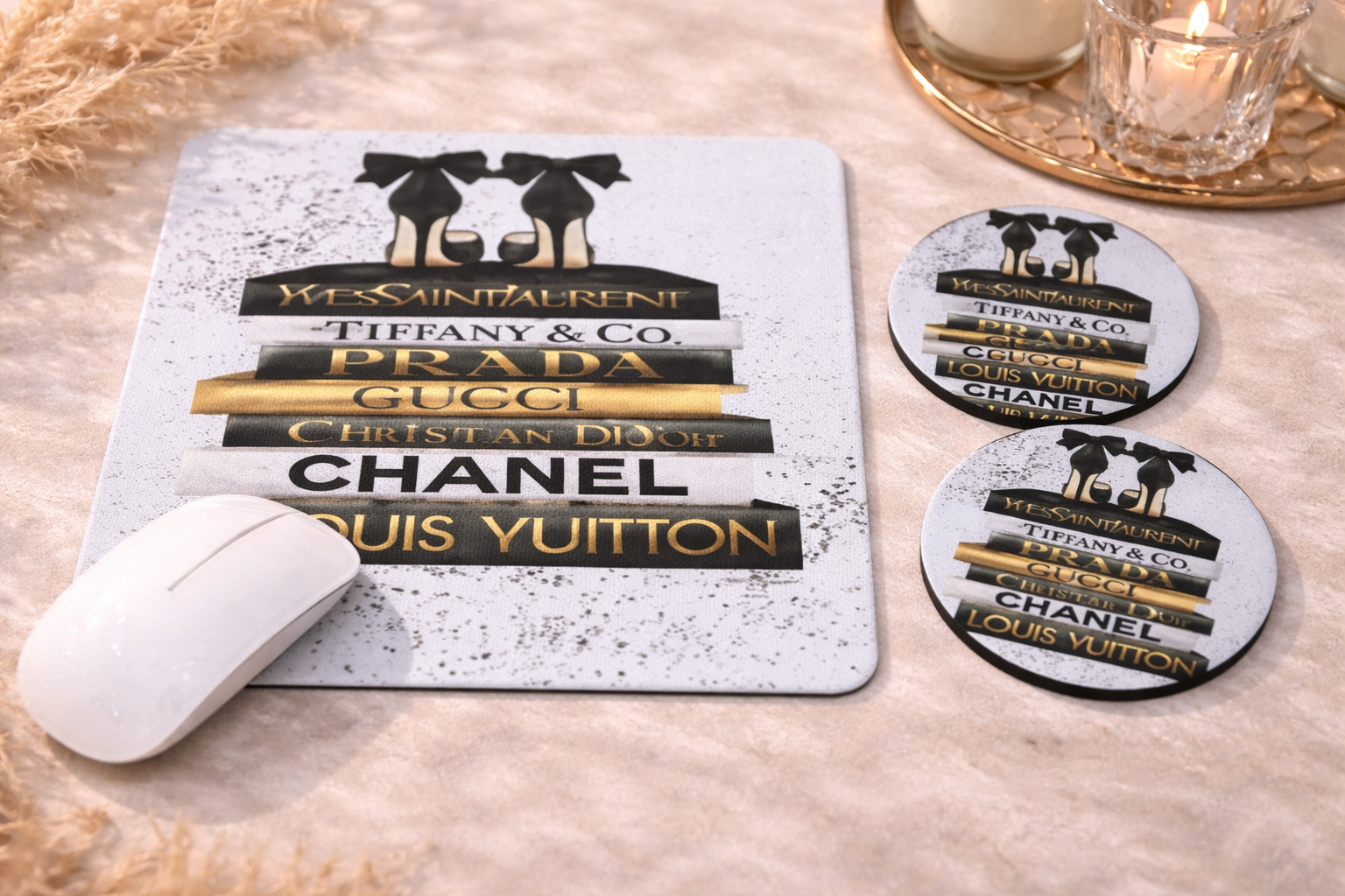 Shoe and Books Mouse Pad and Car Coasters Set